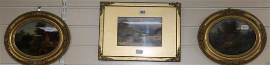 A pair of reverse paintings on glass and a small oil, signed Cox, 14 x 22cm